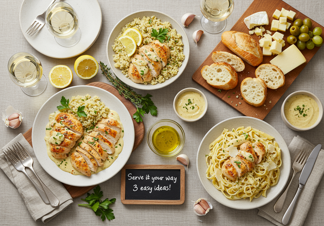 Creamy Garlic Chicken in 25 Minutes – Easy Weeknight Dinner! 3 Creamy Garlic Chicken served over quinoa, tossed with pasta, and as a dip with baguette slices, paired with wine.