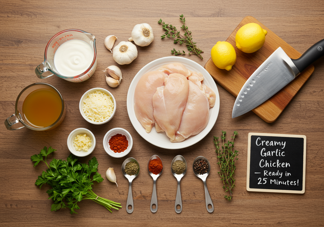 Creamy Garlic Chicken in 25 Minutes – Easy Weeknight Dinner! 2 Creamy Garlic Chicken ingredients laid out: chicken breasts, garlic, cream, spices, and lemon for a quick dinner recipe.
