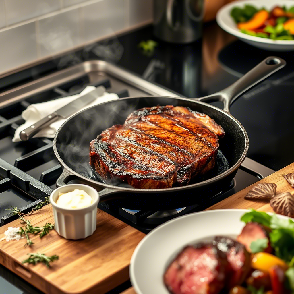 searing steak, perfect steak crust, restaurant-quality steak, cast iron skillet, juicy medium-rare steak, cooking techniques, gourmet dinner .