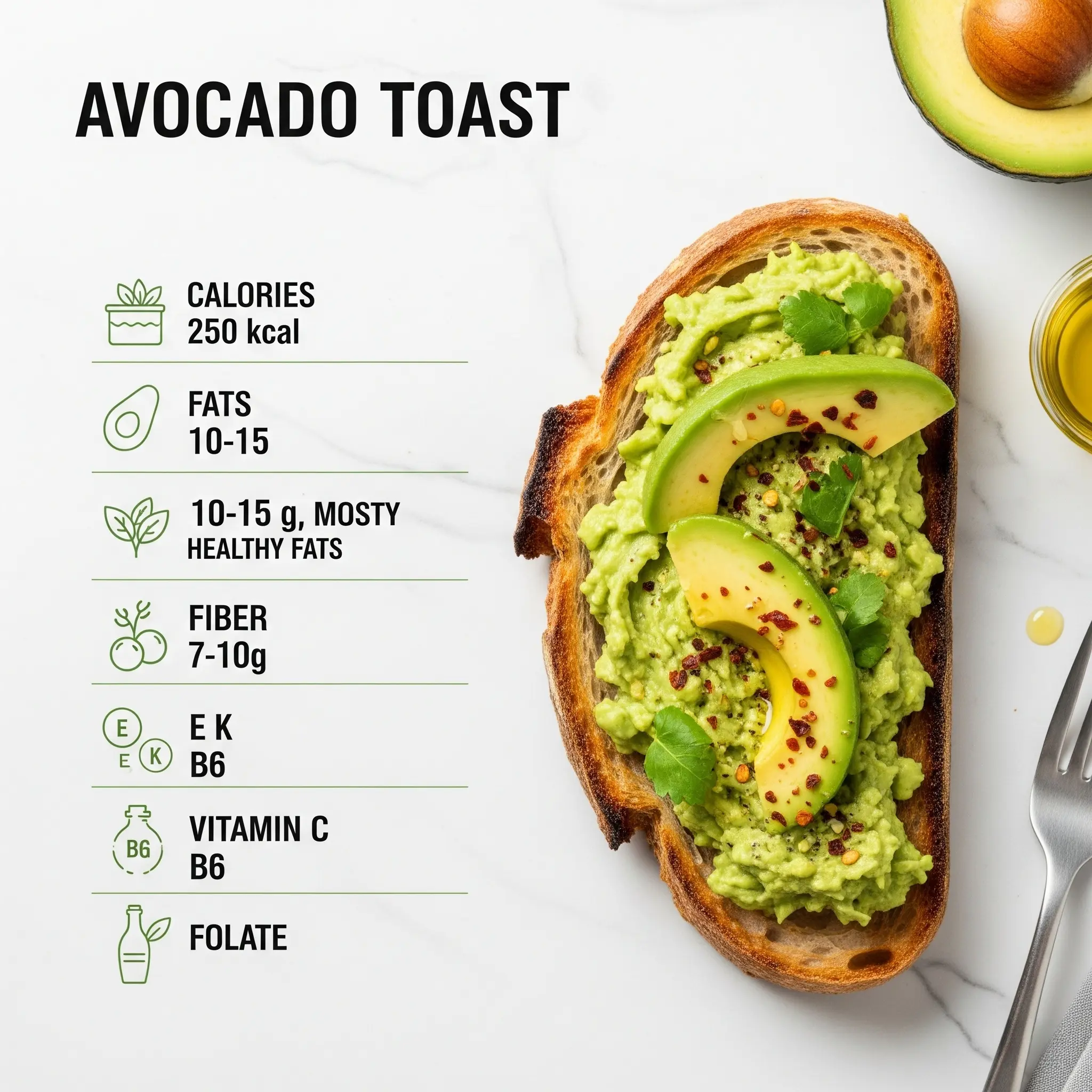 Avocado Toast: The Ultimate Healthy Breakfast Staple 8 Infographic-style image showing avocado toast’s nutritional breakdown: calories, fats, fiber, vitamins.