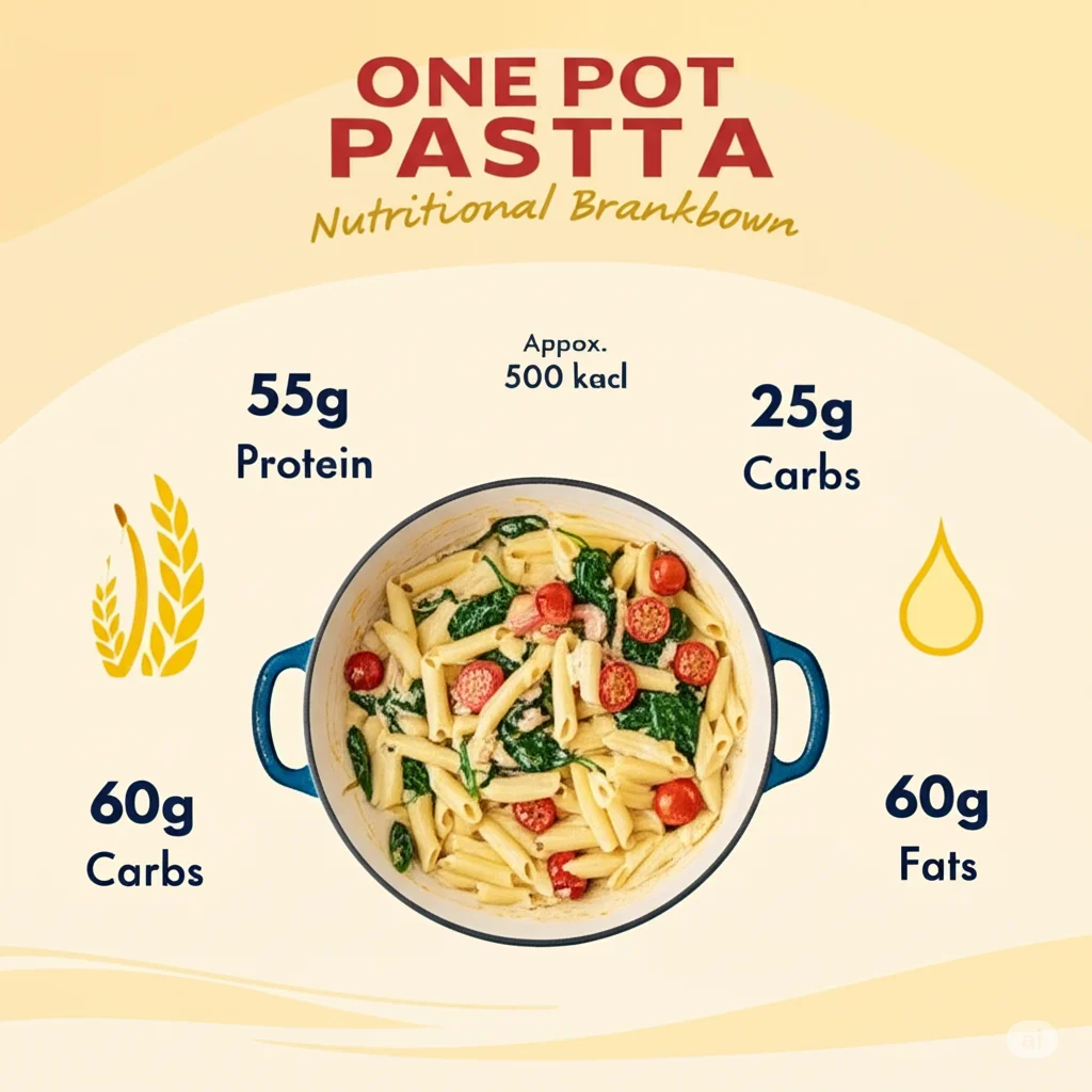 How to Make One Pot Pasta – Quick & Creamy in 30 Minutes! 5 Infographic showing One Pot Pasta’s nutritional breakdown: calories, protein, carbs, and fats.