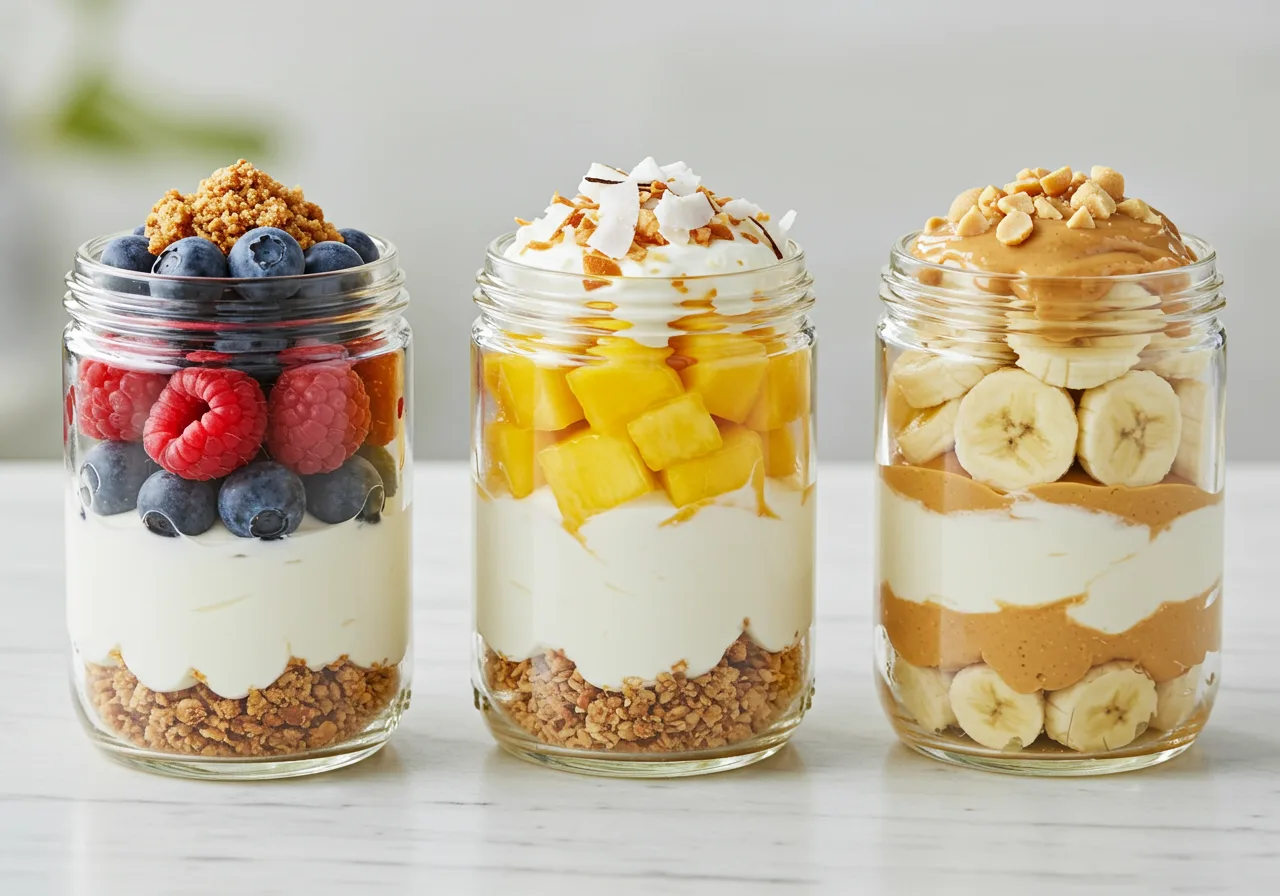 How To Make Greek Yogurt Parfait: A High-Protein Breakfast That’s Ready in 5 Minutes 4 Three parfait variations in jars: Berry Bliss, Tropical Twist, and Peanut Butter Power.