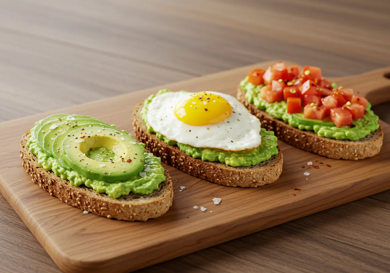 Avocado Toast: The Ultimate Healthy Breakfast Staple 2 A rustic wooden board with three avocado toast variations: classic, egg-topped, and tomato-spiced.