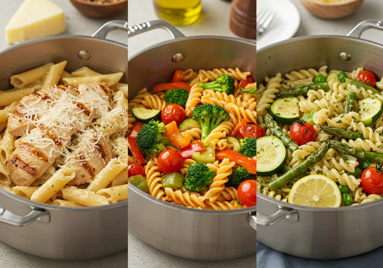 How to Make One Pot Pasta – Quick & Creamy in 30 Minutes! 4 Three One Pot Pasta variations: Chicken Alfredo, Veggie Lover, and Lemon Herb.