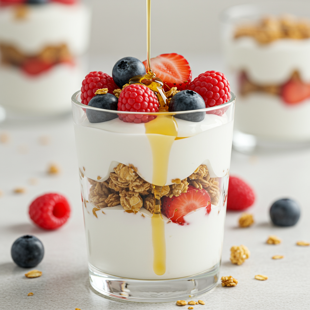 Vibrant Greek yogurt parfait layered with granola, berries, and honey in a tall glass.