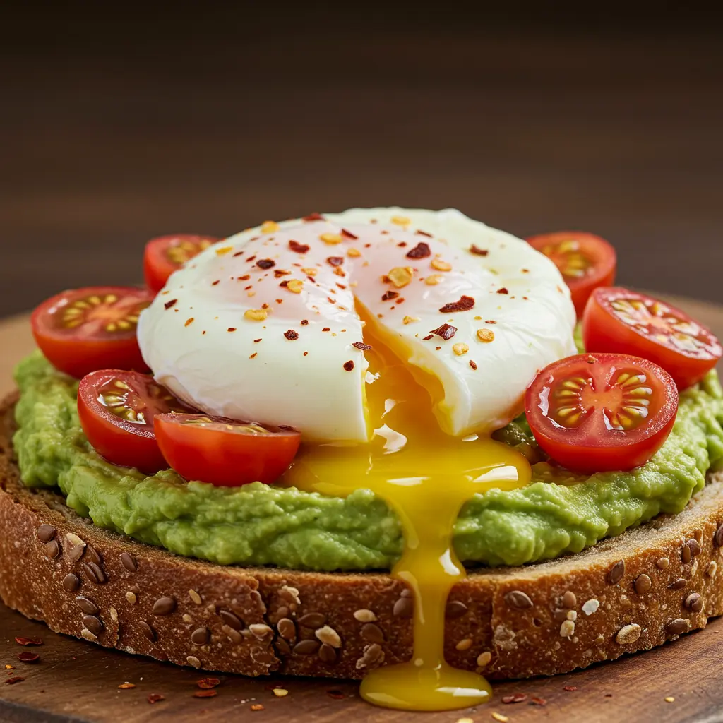 Close-up of creamy avocado toast with poached egg, cherry tomatoes, and chili flakes on whole grain bread.