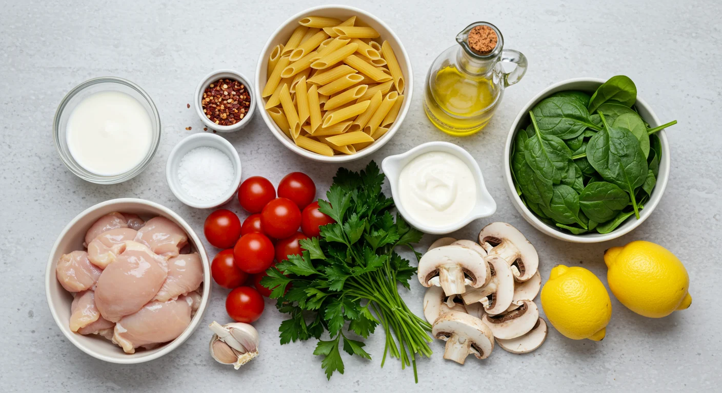 How to Make One Pot Pasta – Quick & Creamy in 30 Minutes! 3 A vibrant display of ingredients for creamy One Pot Pasta: penne pasta, olive oil, garlic, cream, Parmesan, salt, pepper, cherry tomatoes, mushrooms, spinach, chicken, parsley, chili flakes, and lemon zest.