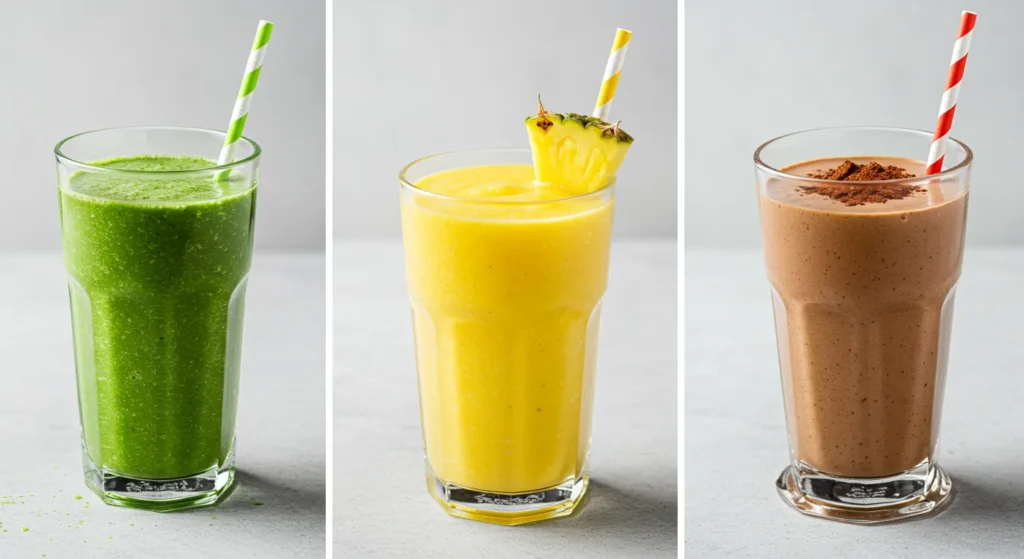 Three smoothie variations: High-Protein, Tropical, and Chocolate Lover’s.