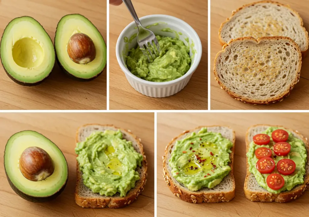 Avocado Toast: The Ultimate Healthy Breakfast Staple 3 Step-by-step images of avocado toast preparation: avocado halves, mashed avocado in a bowl, toast with toppings.