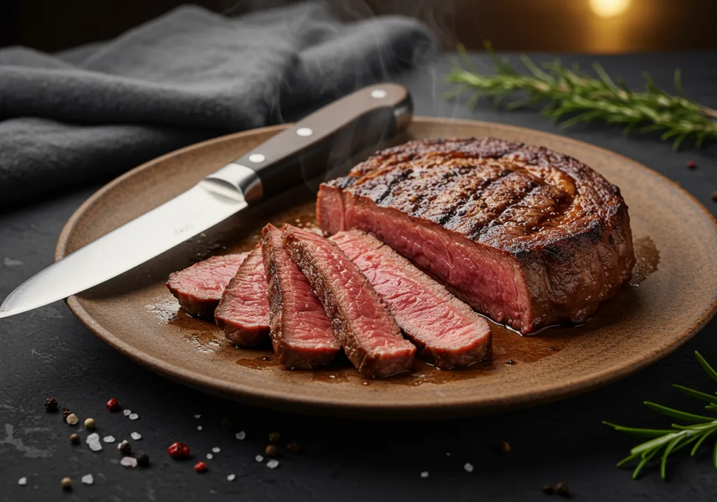 Mastering the Art of Searing Steak: A 5 Step-by-Step Guide to Restaurant-Quality Results 3 Perfectly Cooked Medium-Rare Ribeye Steak Resting and Sliced on a Ceramic Plate
