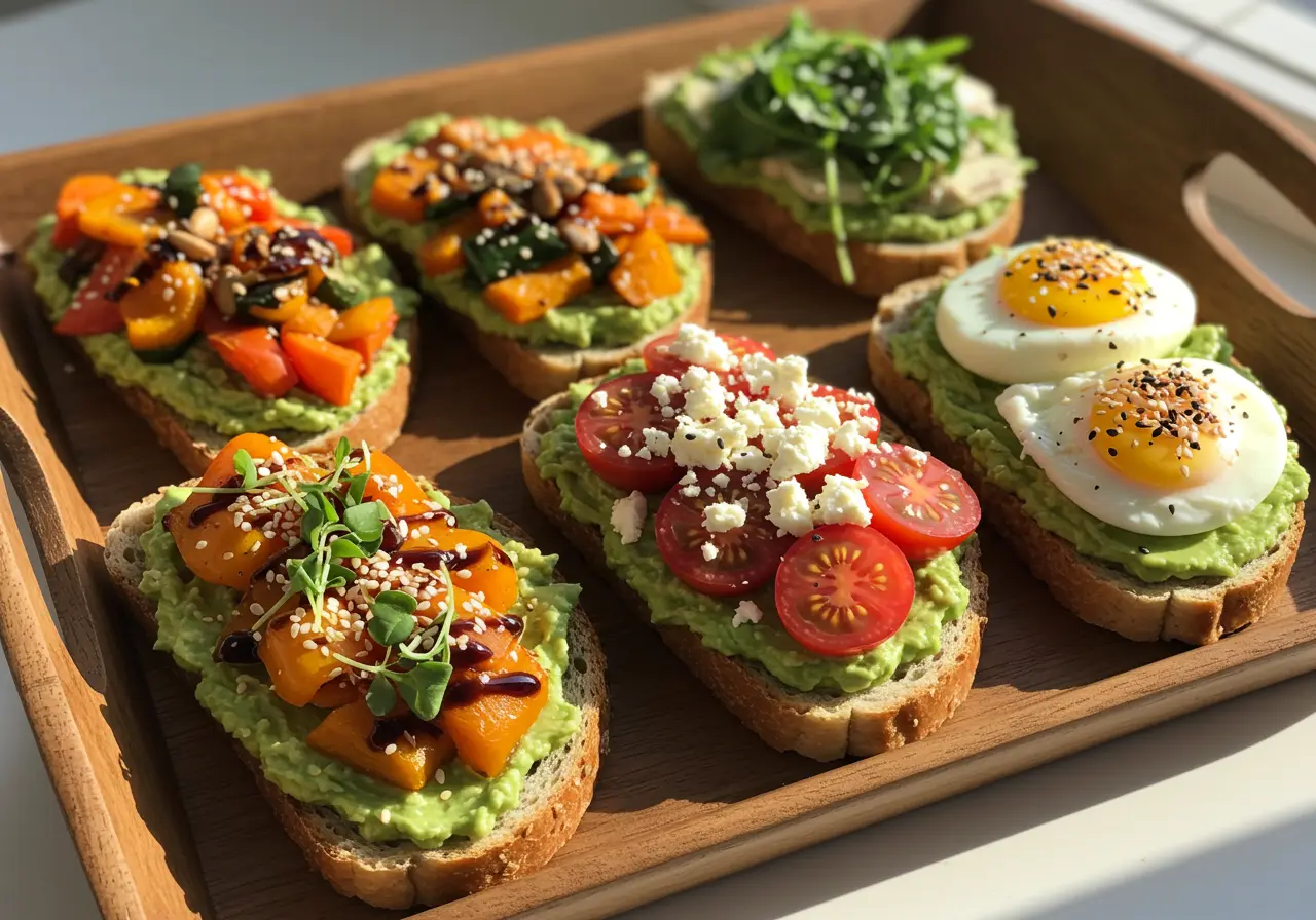 Avocado Toast: The Ultimate Healthy Breakfast Staple 4 Colorful avocado toast variations arranged on a tray, including vegan, Mediterranean, and egg-topped versions.
