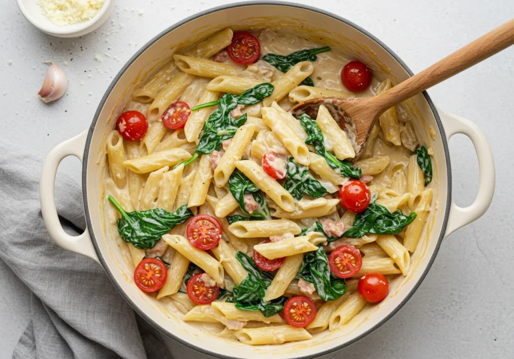 How to Make One Pot Pasta – Quick & Creamy in 30 Minutes! 2 Close-up of creamy One Pot Pasta with garlic, spinach, and cherry tomatoes.