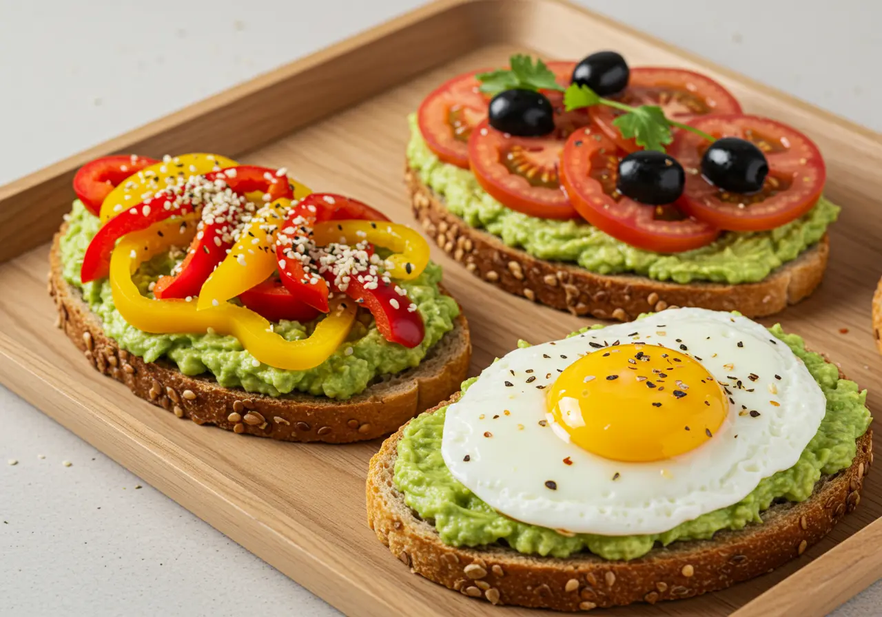 Avocado Toast: The Ultimate Healthy Breakfast Staple 7 Colorful avocado toast variations arranged on a tray, including vegan, Mediterranean, and egg-topped versions.