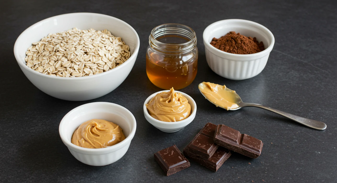Ingredients for no-bake chocolate oatmeal cookies laid out on a countertop: oats, cocoa powder, honey, peanut butter, and chocolate drizzle.