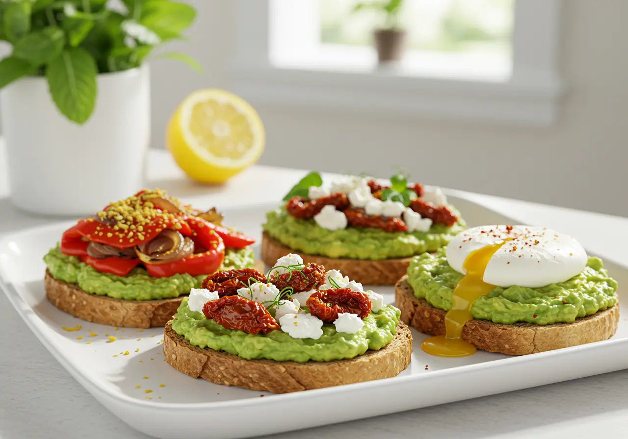 Avocado Toast: The Ultimate Healthy Breakfast Staple 5 Colorful avocado toast variations arranged on a tray, including vegan, Mediterranean, and egg-topped versions.