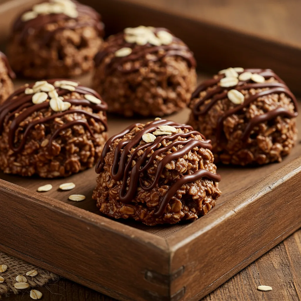 A batch of no-bake chocolate oatmeal cookies on a rustic wooden tray, drizzled with chocolate and sprinkled with oats.