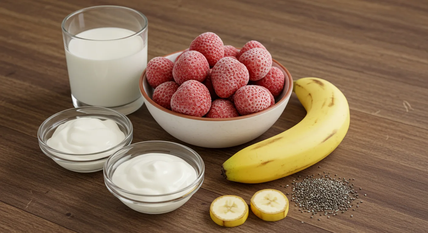 Ingredients for strawberry banana smoothie laid out: frozen strawberries, ripe banana, milk, yogurt, and optional add-ins like chia seeds.