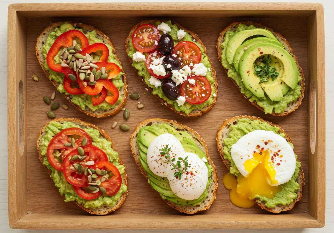 Avocado Toast: The Ultimate Healthy Breakfast Staple 6 Colorful avocado toast variations arranged on a tray, including vegan, Mediterranean, and egg-topped versions.