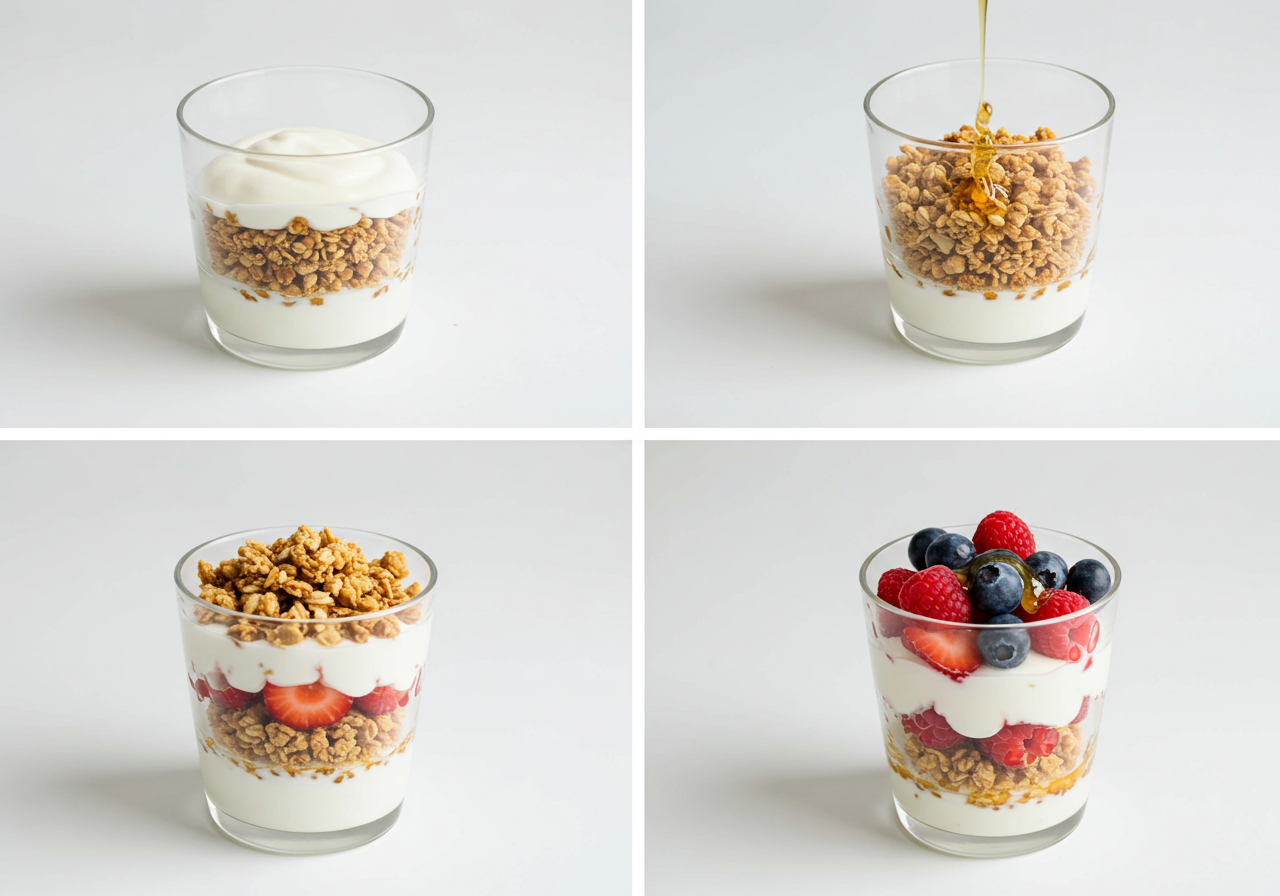 How To Make Greek Yogurt Parfait: A High-Protein Breakfast That’s Ready in 5 Minutes 3 Step-by-step images of assembling a parfait: yogurt base, granola layer, fruit topping and drizzle of honey, and at the end the final result
